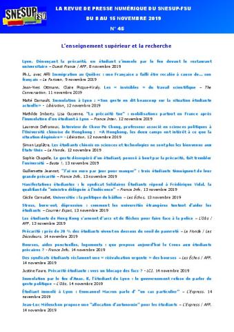 LA REVUE DE PRESSE NUMÉRIQUE DU SNESUP-FSU - Du 8 au 15 novembre 2019 - N° 45