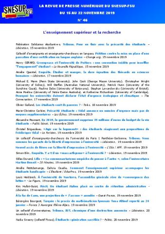 LA REVUE DE PRESSE NUMÉRIQUE DU SNESUP-FSU - Du 15 au 22 novembre 2019 - N° 46