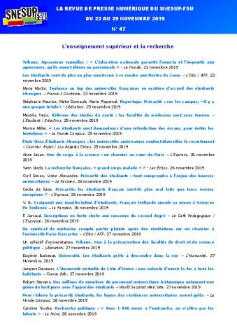 LA REVUE DE PRESSE NUMÉRIQUE DU SNESUP-FSU - Du 22 au 29 novembre 2019 - N° 47