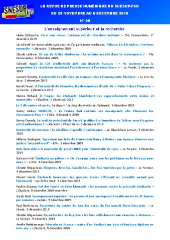 LA REVUE DE PRESSE NUMÉRIQUE DU SNESUP-FSU - Du 29 novembre au 6 décembre 2019 - N° 48