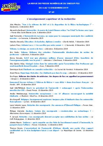 LA REVUE DE PRESSE NUMÉRIQUE DU SNESUP-FSU - Du 6 au 13 décembre 2019 - N° 49