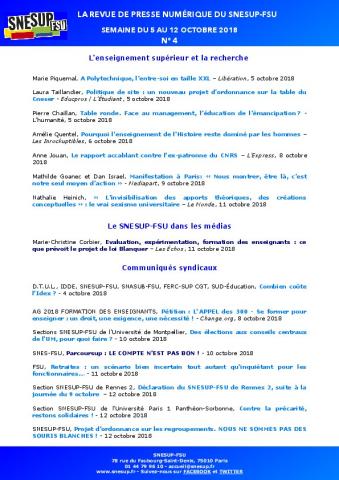 LA REVUE DE PRESSE NUMÉRIQUE DU SNESUP-FSU - Semaine du 4 au 12 octobre 2018 - N° 4