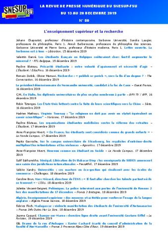 LA REVUE DE PRESSE NUMÉRIQUE DU SNESUP-FSU - Du 13 au 20 décembre 2019 - N° 50