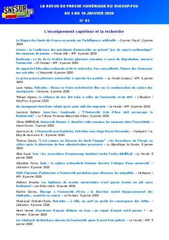LA REVUE DE PRESSE NUMÉRIQUE DU SNESUP-FSU - Du 3 au 10 janvier 2020 - N° 51