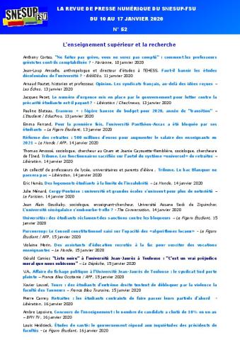 LA REVUE DE PRESSE NUMÉRIQUE DU SNESUP-FSU - Du 10 au 17 janvier 2020 - N° 52