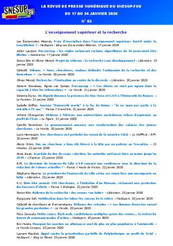 LA REVUE DE PRESSE NUMÉRIQUE DU SNESUP-FSU - Du 17 au 24 janvier 2020 - N° 53