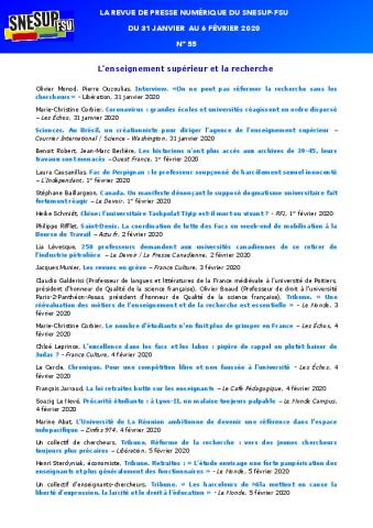 LA REVUE DE PRESSE NUMÉRIQUE DU SNESUP-FSU - Du 31 janvier au 6 février 2020 - N° 55