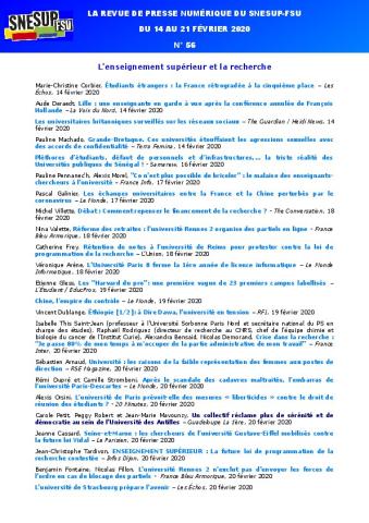 LA REVUE DE PRESSE NUMÉRIQUE DU SNESUP-FSU - Du 14 au 21 février 2020 - N° 56