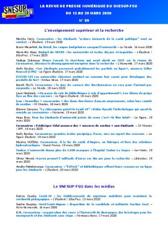 LA REVUE DE PRESSE NUMÉRIQUE DU SNESUP-FSU - Du 13 au 20 mars 2020 - N° 59