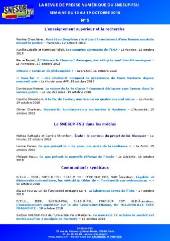 LA REVUE DE PRESSE NUMÉRIQUE DU SNESUP-FSU - Semaine du 13 au 19 octobre 2018 - N° 5