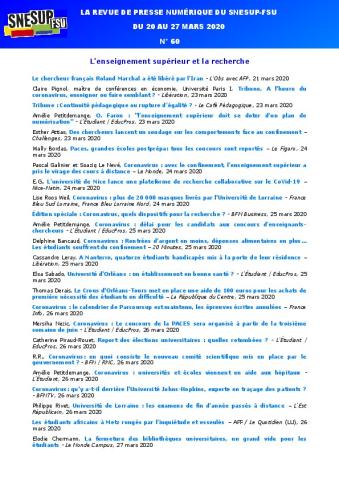 LA REVUE DE PRESSE NUMÉRIQUE DU SNESUP-FSU - Du 20 au 27 mars 2020 - N° 60