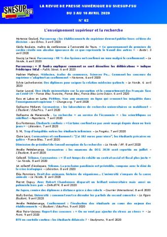LA REVUE DE PRESSE NUMÉRIQUE DU SNESUP-FSU - Du 3 au 10 avril 2020 - N° 62
