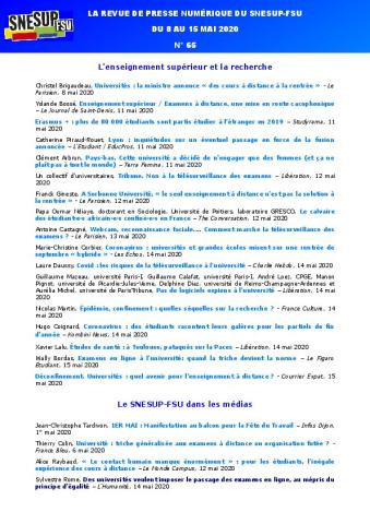 LA REVUE DE PRESSE NUMÉRIQUE DU SNESUP-FSU - Du 8 au 15 mai 2020 - N° 65