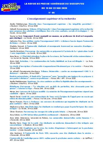 LA REVUE DE PRESSE NUMÉRIQUE DU SNESUP-FSU - Du 15 au 22 mai 2020 - N° 66