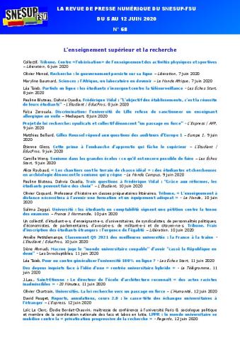 LA REVUE DE PRESSE NUMÉRIQUE DU SNESUP-FSU - Du 5 au 12 juin 2020 - N° 68