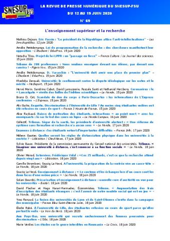 LA REVUE DE PRESSE NUMÉRIQUE DU SNESUP-FSU - Du 12 au 19 juin 2020 - N° 69