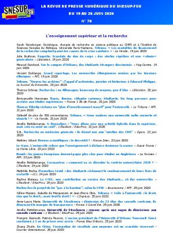LA REVUE DE PRESSE NUMÉRIQUE DU SNESUP-FSU - Du 19 au 26 juin 2020 - N° 70