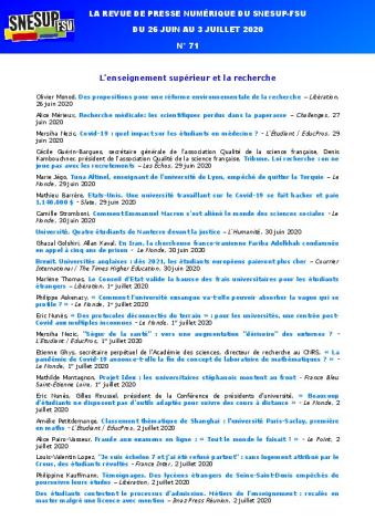 LA REVUE DE PRESSE NUMÉRIQUE DU SNESUP-FSU - Du 26 juin au 3 juillet 2020 - N° 71
