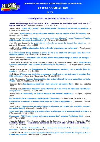 LA REVUE DE PRESSE NUMÉRIQUE DU SNESUP-FSU - Du 10 au 17 juillet 2020 - N° 72