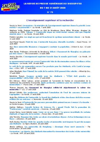 LA REVUE DE PRESSE NUMÉRIQUE DU SNESUP-FSU - Du 7 au 21 août 2020 - N° 73