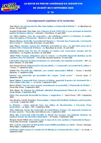 LA REVUE DE PRESSE NUMÉRIQUE DU SNESUP-FSU - Du 28 août au 4 septembre 2020 - N° 75