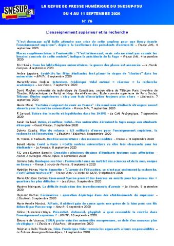 LA REVUE DE PRESSE NUMÉRIQUE DU SNESUP-FSU - Du 4 au 11 septembre 2020 - N° 76
