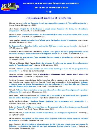 LA REVUE DE PRESSE NUMÉRIQUE DU SNESUP-FSU - Du 18 au 25 septembre 2020 - N° 78
