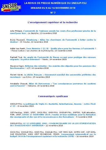 LA REVUE DE PRESSE NUMÉRIQUE DU SNESUP-FSU - Semaine du 8 au 16 novembre 2018 - N° 7