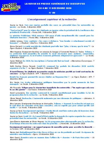 LA REVUE DE PRESSE NUMÉRIQUE DU SNESUP-FSU - Du 4 au 11 décembre 2020 - N° 80