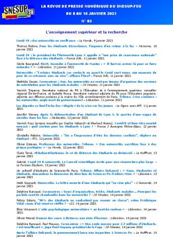 LA REVUE DE PRESSE NUMÉRIQUE DU SNESUP-FSU - Semaine du 8 au 15 janvier 2021 - N° 83
