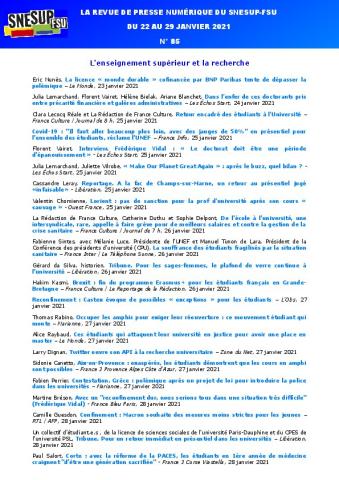 LA REVUE DE PRESSE NUMÉRIQUE DU SNESUP-FSU - Semaine du 22 au 29 janvier 2021 - N° 85