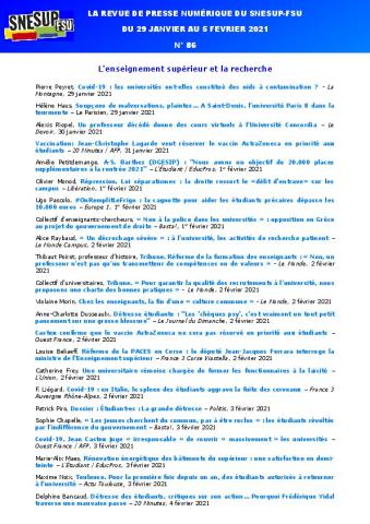 LA REVUE DE PRESSE NUMÉRIQUE DU SNESUP-FSU - Semaine du 29 janvier au 5 février 2021 - N° 86