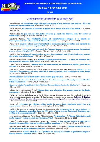 LA REVUE DE PRESSE NUMÉRIQUE DU SNESUP-FSU - Semaine du 5 au 12 février 2021 - N° 87