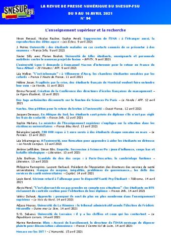 LA REVUE DE PRESSE NUMÉRIQUE DU SNESUP-FSU - Semaine du 9 au 16 avril 2021 - N° 94