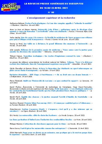 LA REVUE DE PRESSE NUMÉRIQUE DU SNESUP-FSU - Semaine du 16 au 23 avril 2021 - N° 95