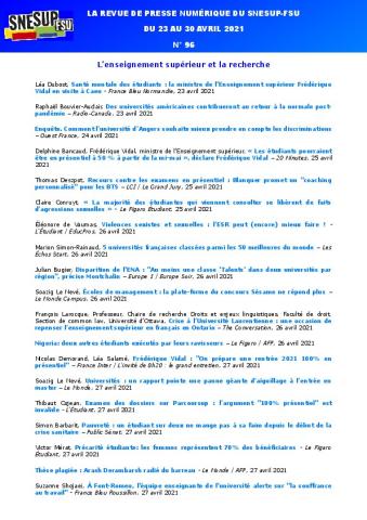 LA REVUE DE PRESSE NUMÉRIQUE DU SNESUP-FSU - Semaine du 23 au 30 avril 2021 - N° 96