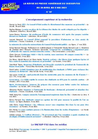 LA REVUE DE PRESSE NUMÉRIQUE DU SNESUP-FSU - Du 30 avril au 5 mai 2021 - N° 97