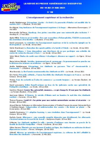 LA REVUE DE PRESSE NUMÉRIQUE DU SNESUP-FSU - Du 14 au 21 mai 2021 - N° 98