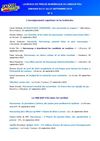 LA REVUE DE PRESSE NUMÉRIQUE DU SNESUP-FSU - Semaine du 21 au 27 septembre 2018 - N° 2