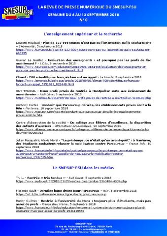 LA REVUE DE PRESSE NUMÉRIQUE DU SNESUP-FSU  - Semaine du 6 au 13 septembre 2018 - N° 0