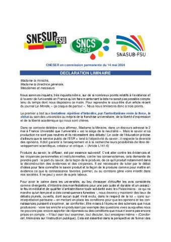 DECLARATION LIMINAIRE du CNESER en commission permanente du 14 mai 2024