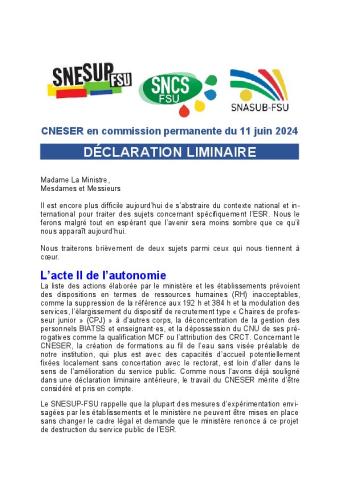 DECLARATION LIMINAIRE du CNESER en commission permanente du 11 juin 2024