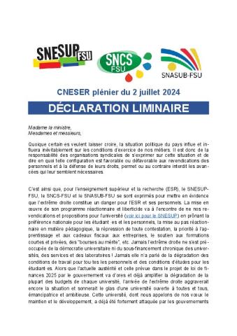 DECLARATION LIMINAIRE du CNESER plénier boycotté le 2 juillet 2024