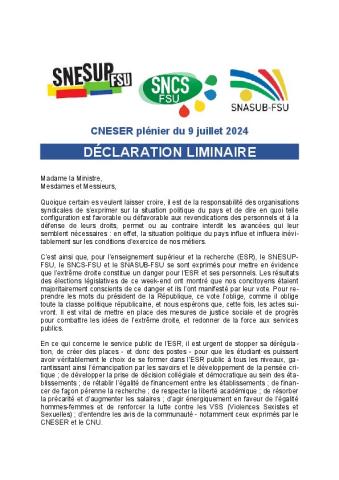 DECLARATION LIMINAIRE du CNESER plénier du 9 juillet 2024