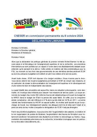 Déclaration liminaire CNESER en CP du 8 octobre 2024