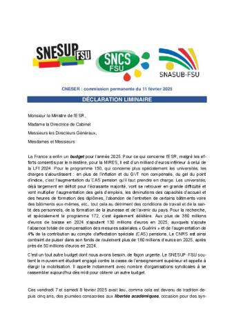 Déclaration liminaire de la FSU au CNESER en CP du  11 février 2025
