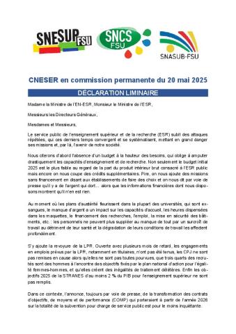 Déclaration liminaire de la FSU au CNESER en CP du 20 mai 2025