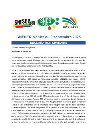Déclaration liminaire du SNESUP-FSU, SNCS-FSU et SNASUB-FSU au CNESER plénier du mardi 17 juin 2025