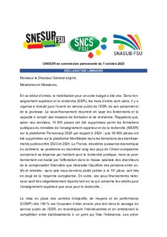 Déclaration liminaire de la FSU au CNESER plénier du mardi 7 octobre 2025
