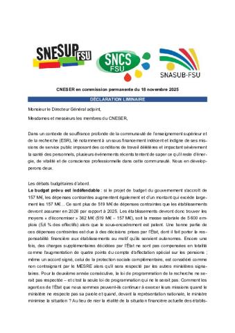 Déclaration liminaire de la FSU au CNESER en CP du mardi 18 novembre 2025